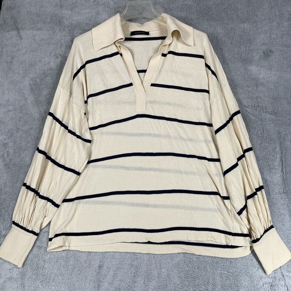 Made In Tomboy Mina Shirt Womens Small Beige Navy Striped Polo Low Nacked